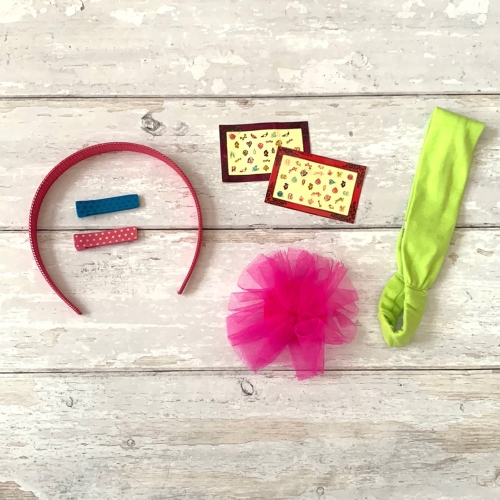 Girls Hair Accessories & Nail Stickers Bundle Lot Set 7pc Pink Green Headbands